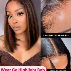 5x5 Glueless Straight Bob Wig Pre Cut Lace Honey Brown Highlight Human Hair Wigs